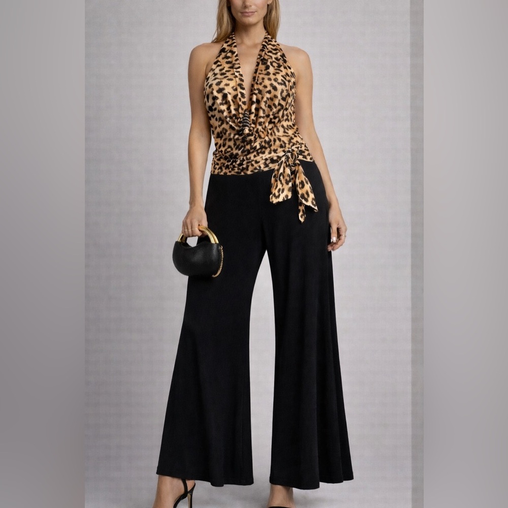 Frank Lyman Design Leopard Sequenced Halter Jumpsuit size 8
